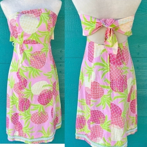 Lilly Pulitzer PINEAPPLE Strapless Dopamine Dress Pink Green Size 2 - Picture 1 of 6